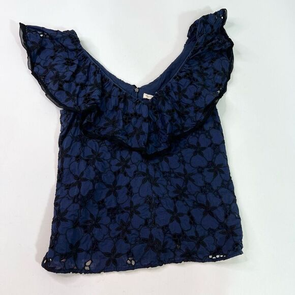 Rebecca Taylor Adriana Top Womens 4 Blue V-Neck Embroidered Floral Eyelet Ruffle - Picture 1 of 9